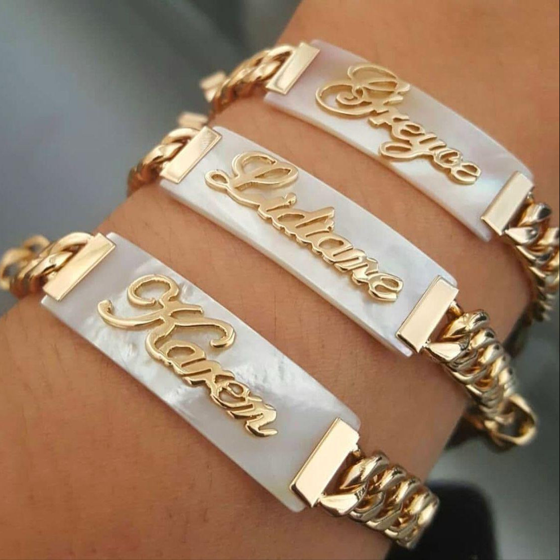 Pulseira Chapa Madrepérola Nome personalizada