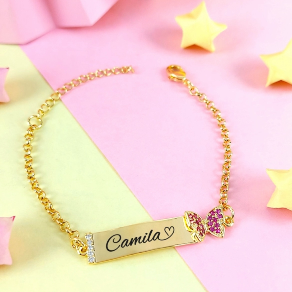 Pulseira Chapa Nome  Borboleta Infantil personalizada