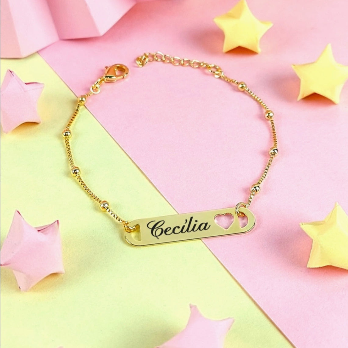 Pulseira Chapa Nome Coração Vazado Infantil personalizada